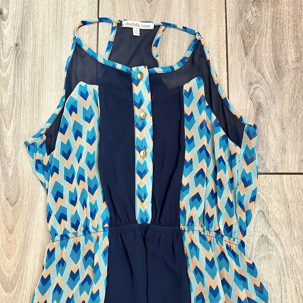 Navy blue geometric patter hi low dress with n small